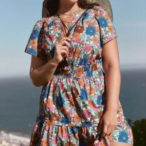 Anthropologie Blue and Orange Floral Midi Dress